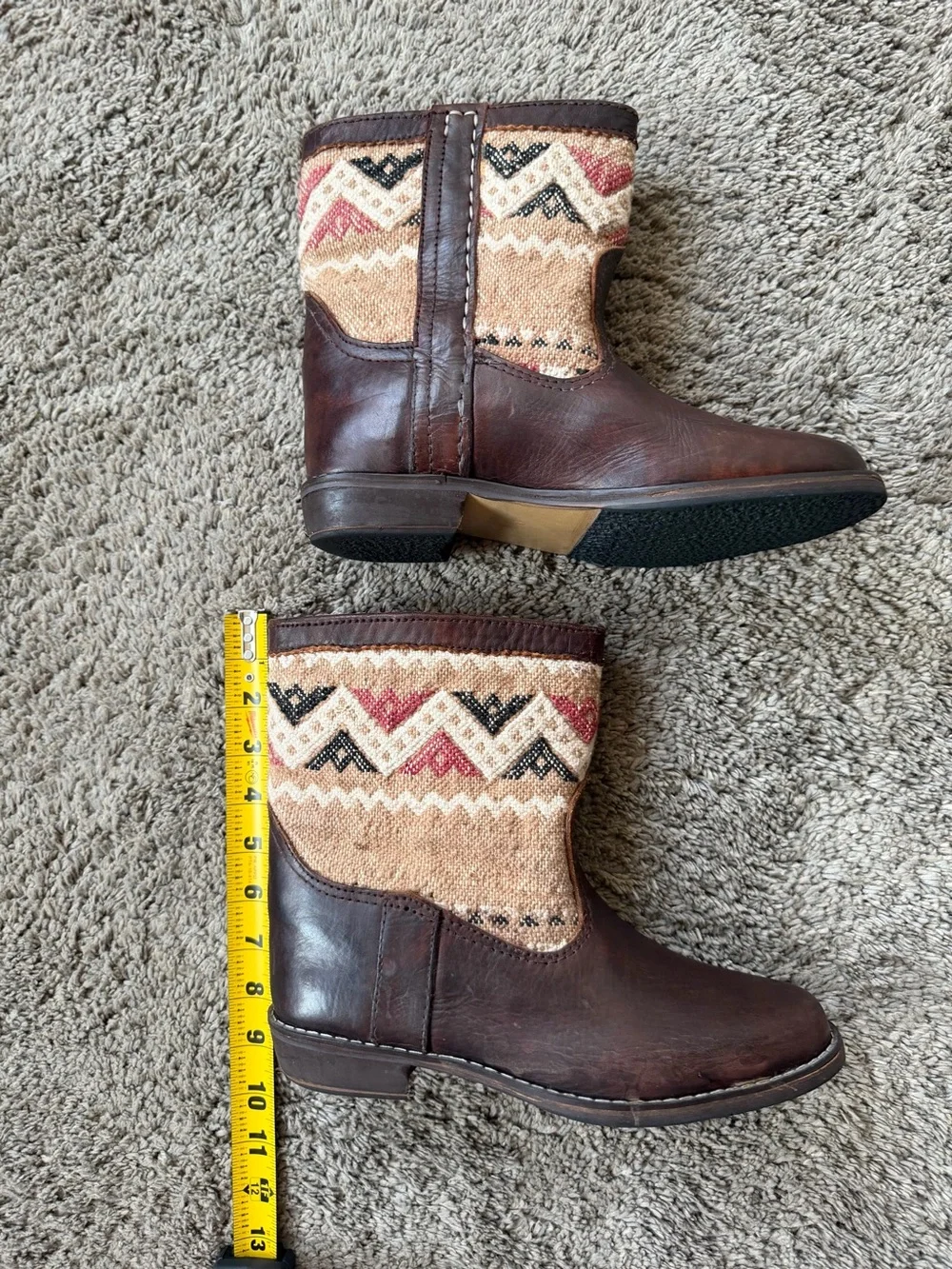 Handmade Women's Brown Leather Tan Patterned Western Cowboy Boots US 8 EUC
